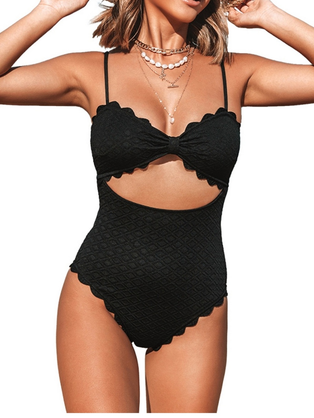 Cupshe Black Scalloped Cutout One-Piece Swimsuit Size Small New with Tags In Bag